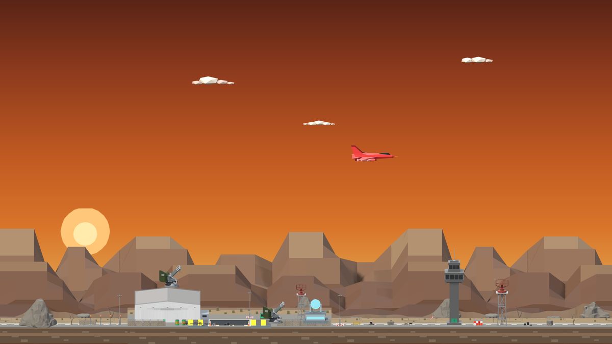 Desert arena at sunset with a control tower