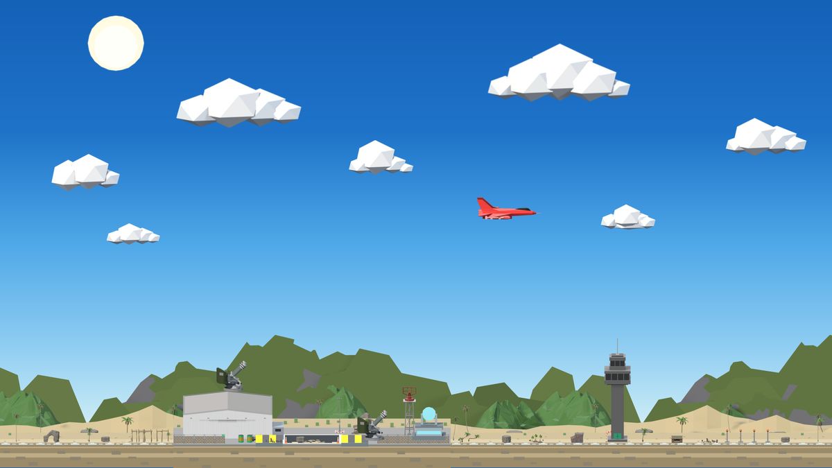 Island arena with palm trees and a control tower